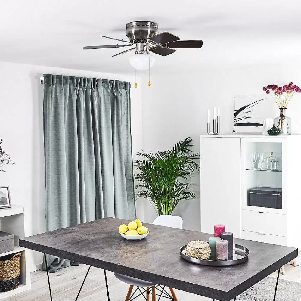 hofstein Ventilateur De Plafond Trillo Gris, Bois Clair, Nickel Mat, 1 Lumiere