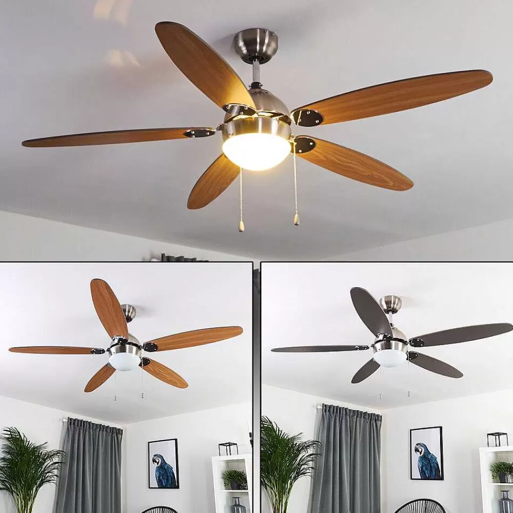 hofstein Ventilateur De Plafond Valeria Chrome, Bois Clair, Nickel Mat, 1 Lumiere