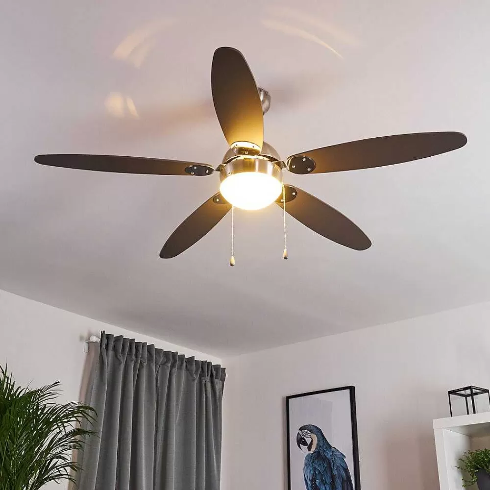 hofstein Ventilateur De Plafond Valeria Chrome, Bois Clair, Nickel Mat, 1 Lumiere