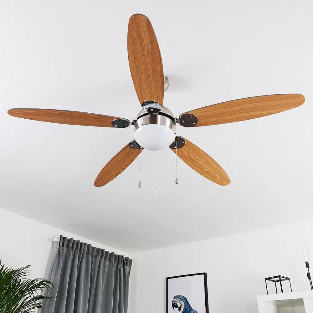 hofstein Ventilateur De Plafond Valeria Chrome, Bois Clair, Nickel Mat, 1 Lumiere
