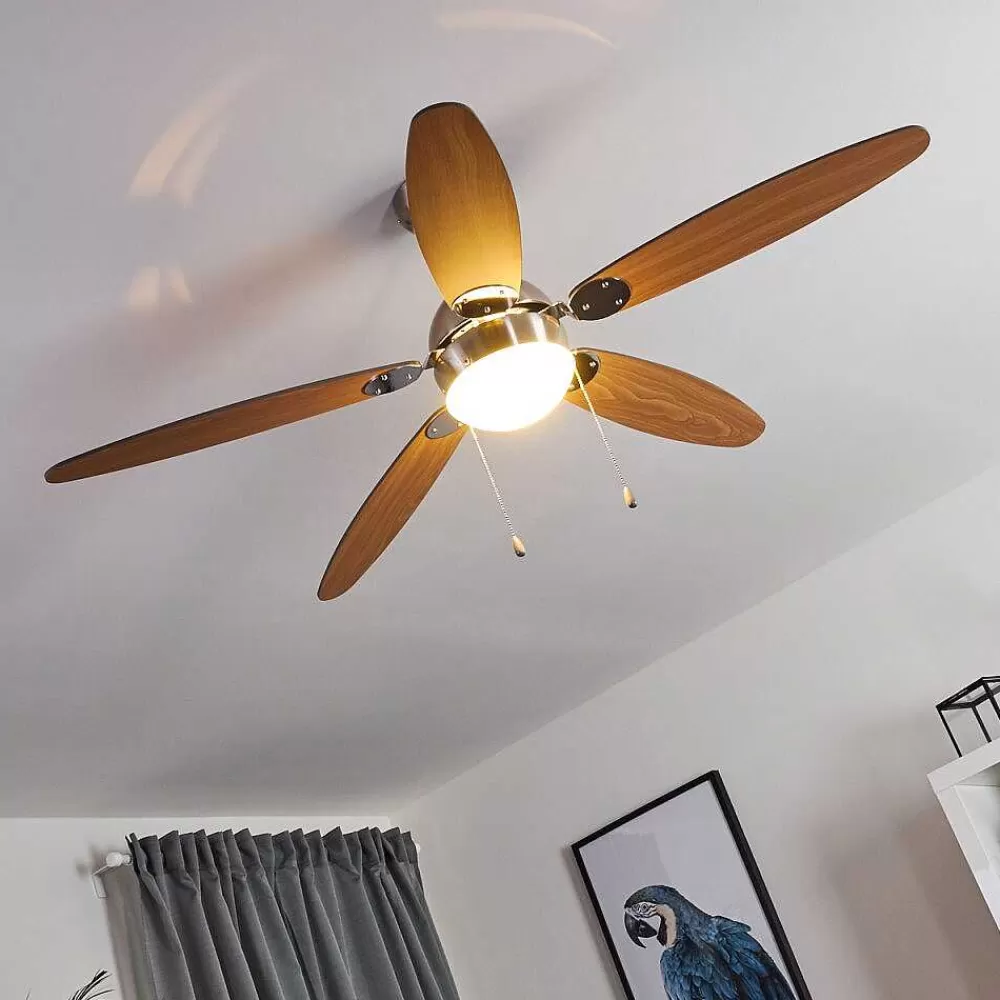 hofstein Ventilateur De Plafond Valeria Chrome, Bois Clair, Nickel Mat, 1 Lumiere