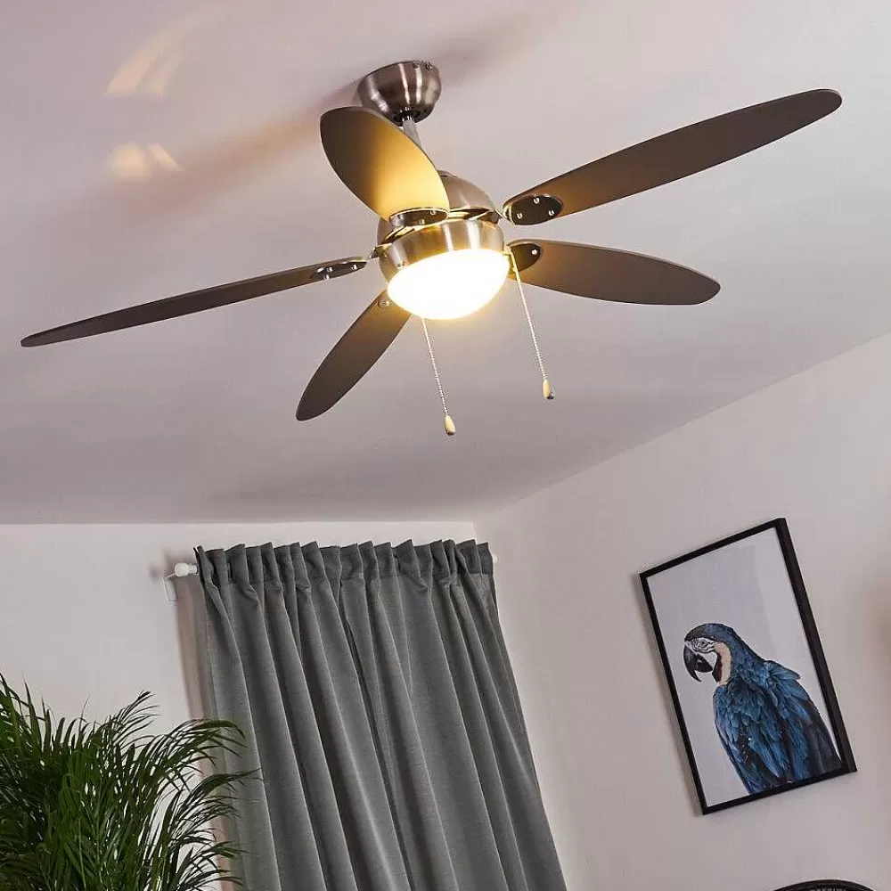 hofstein Ventilateur De Plafond Valeria Chrome, Bois Clair, Nickel Mat, 1 Lumiere