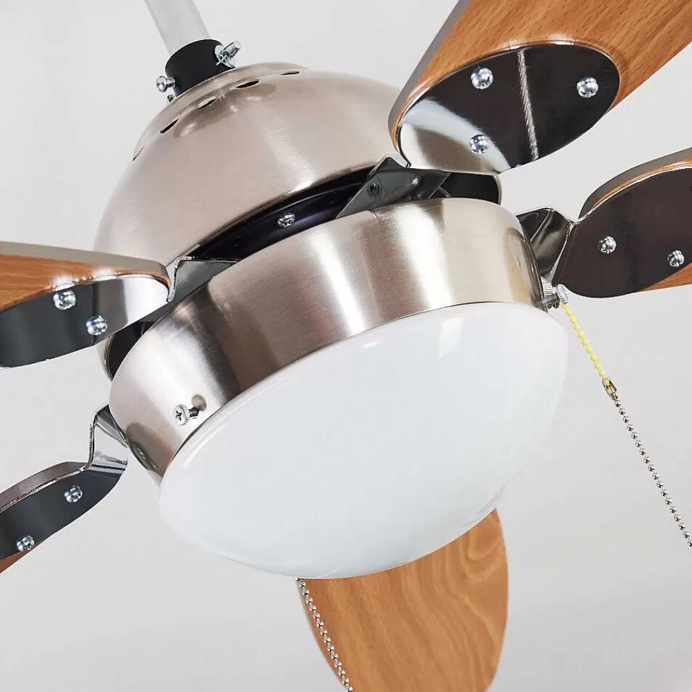 hofstein Ventilateur De Plafond Valeria Chrome, Bois Clair, Nickel Mat, 1 Lumiere