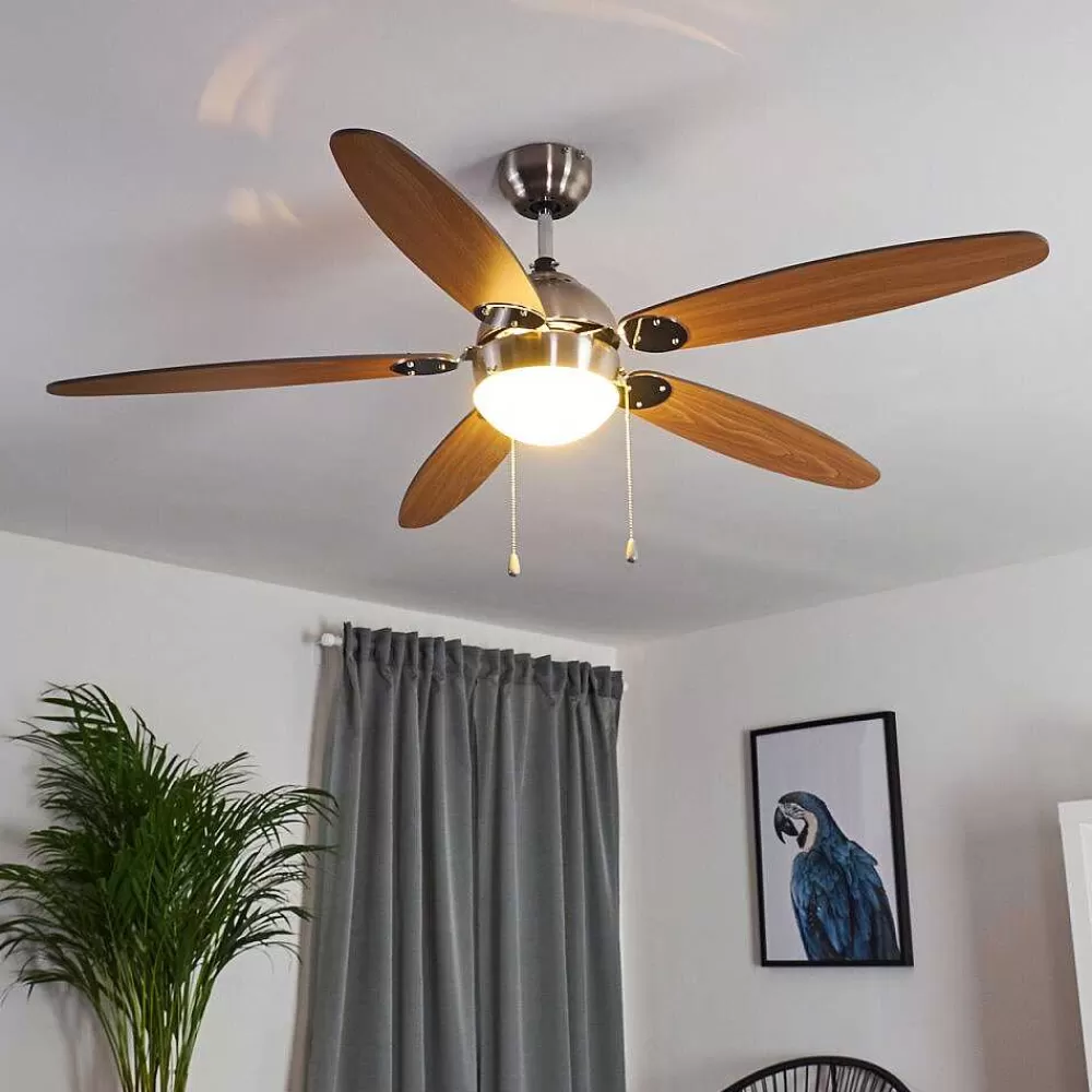 hofstein Ventilateur De Plafond Valeria Chrome, Bois Clair, Nickel Mat, 1 Lumiere