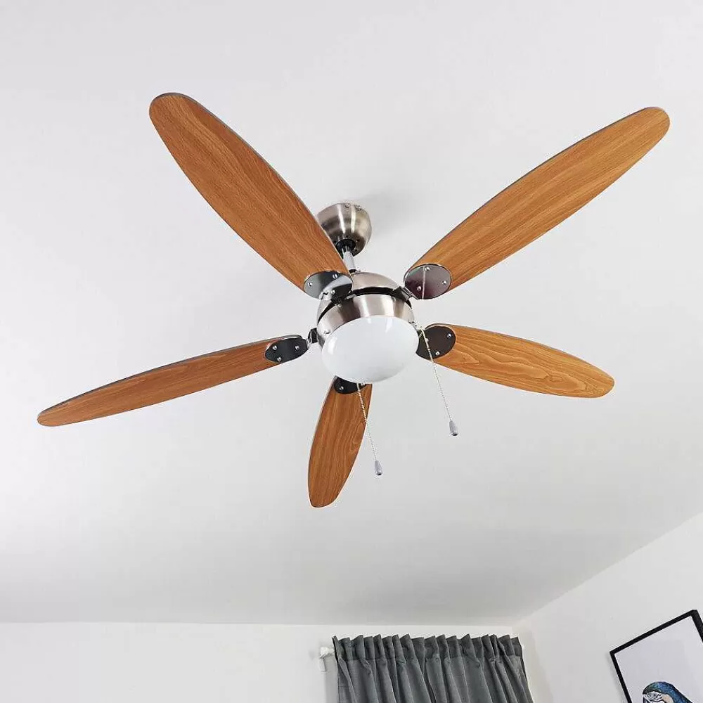 hofstein Ventilateur De Plafond Valeria Chrome, Bois Clair, Nickel Mat, 1 Lumiere