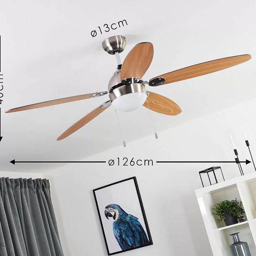 hofstein Ventilateur De Plafond Valeria Chrome, Bois Clair, Nickel Mat, 1 Lumiere
