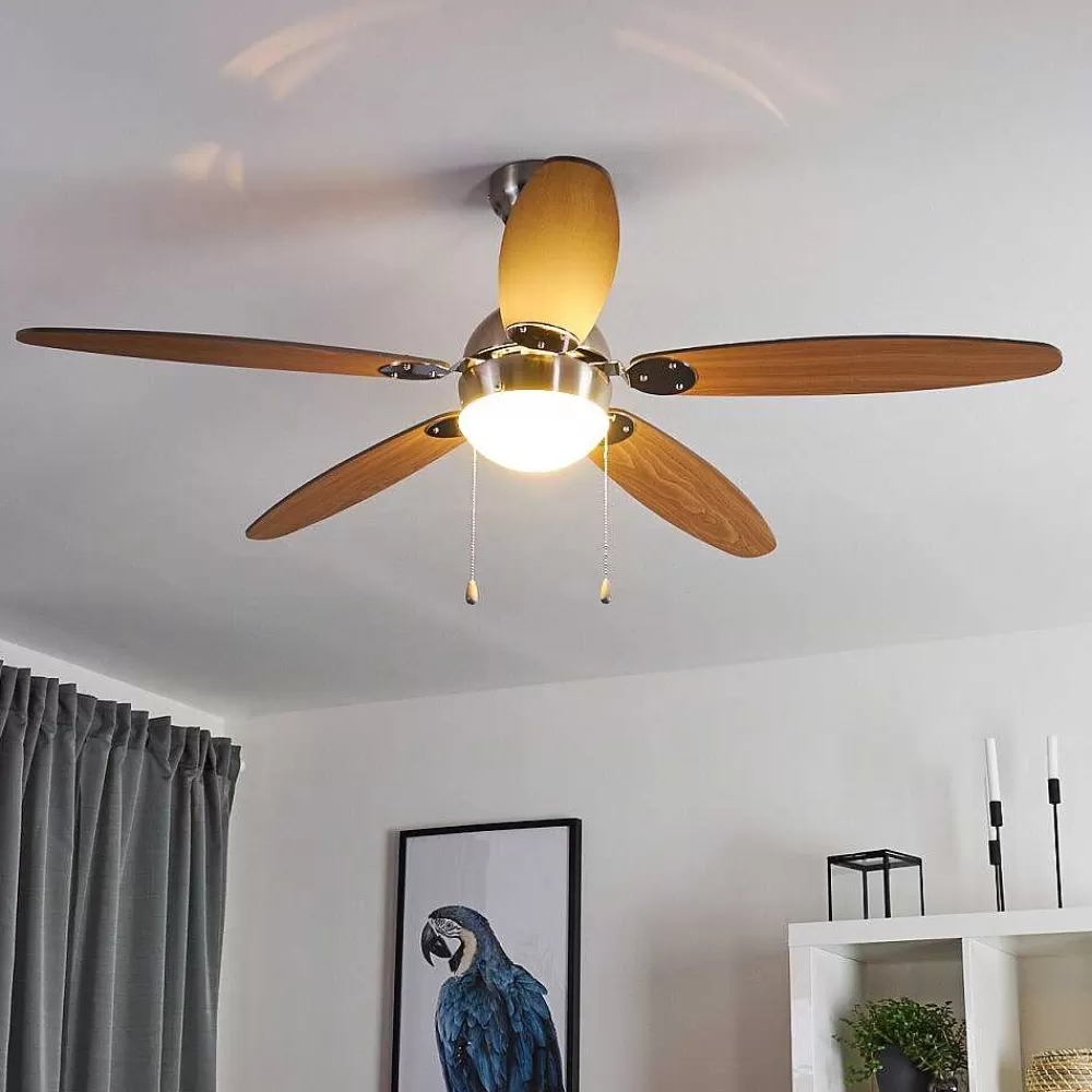 hofstein Ventilateur De Plafond Valeria Chrome, Bois Clair, Nickel Mat, 1 Lumiere