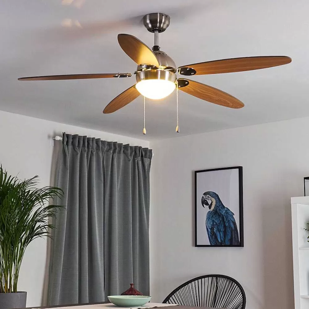 hofstein Ventilateur De Plafond Valeria Chrome, Bois Clair, Nickel Mat, 1 Lumiere