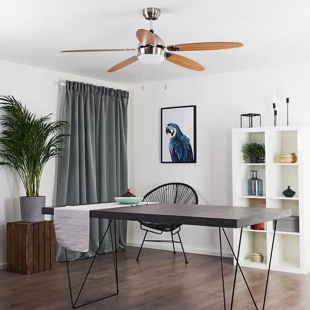 hofstein Ventilateur De Plafond Valeria Chrome, Bois Clair, Nickel Mat, 1 Lumiere
