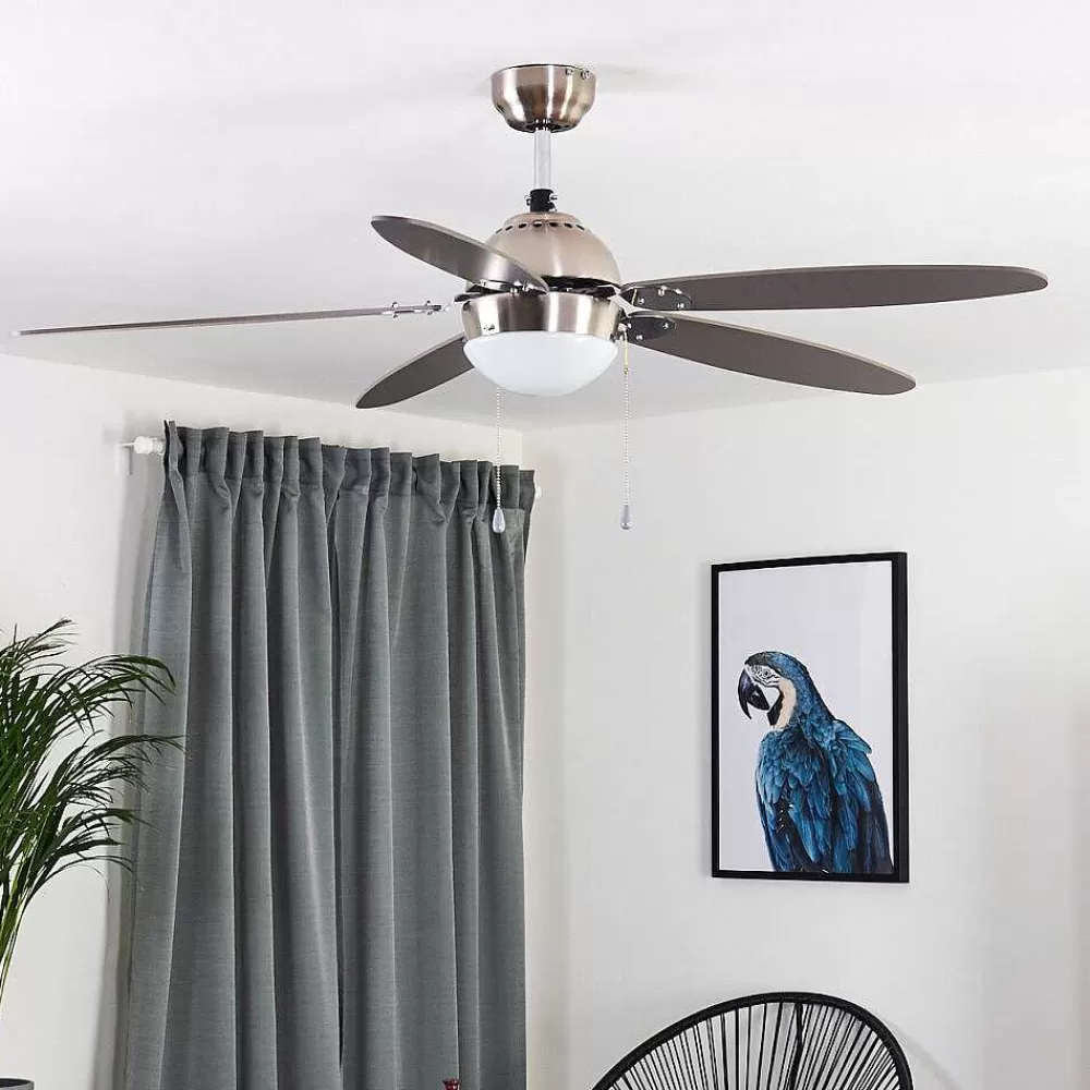 hofstein Ventilateur De Plafond Valeria Chrome, Bois Clair, Nickel Mat, 1 Lumiere