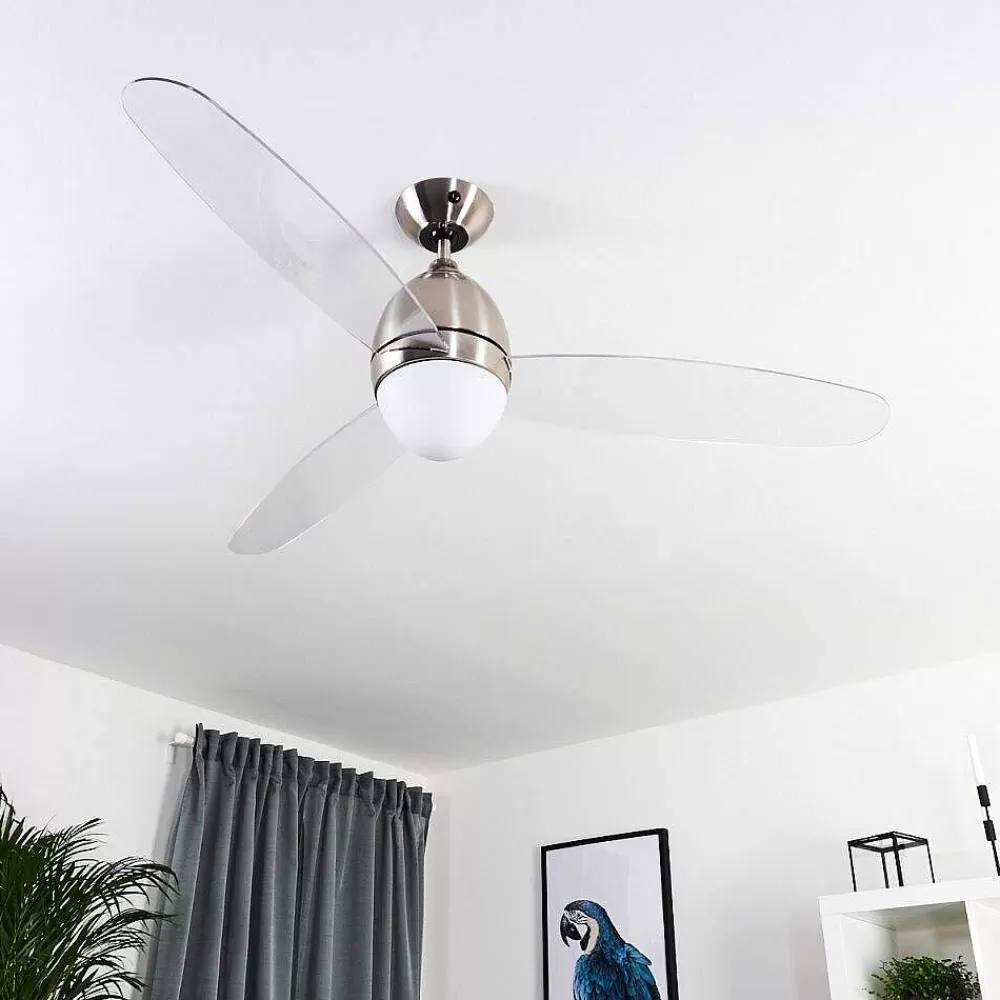 hofstein Ventilateur De Plafond Varazze Nickel Mat, Transparent, 1 Lumiere, Telecommandes