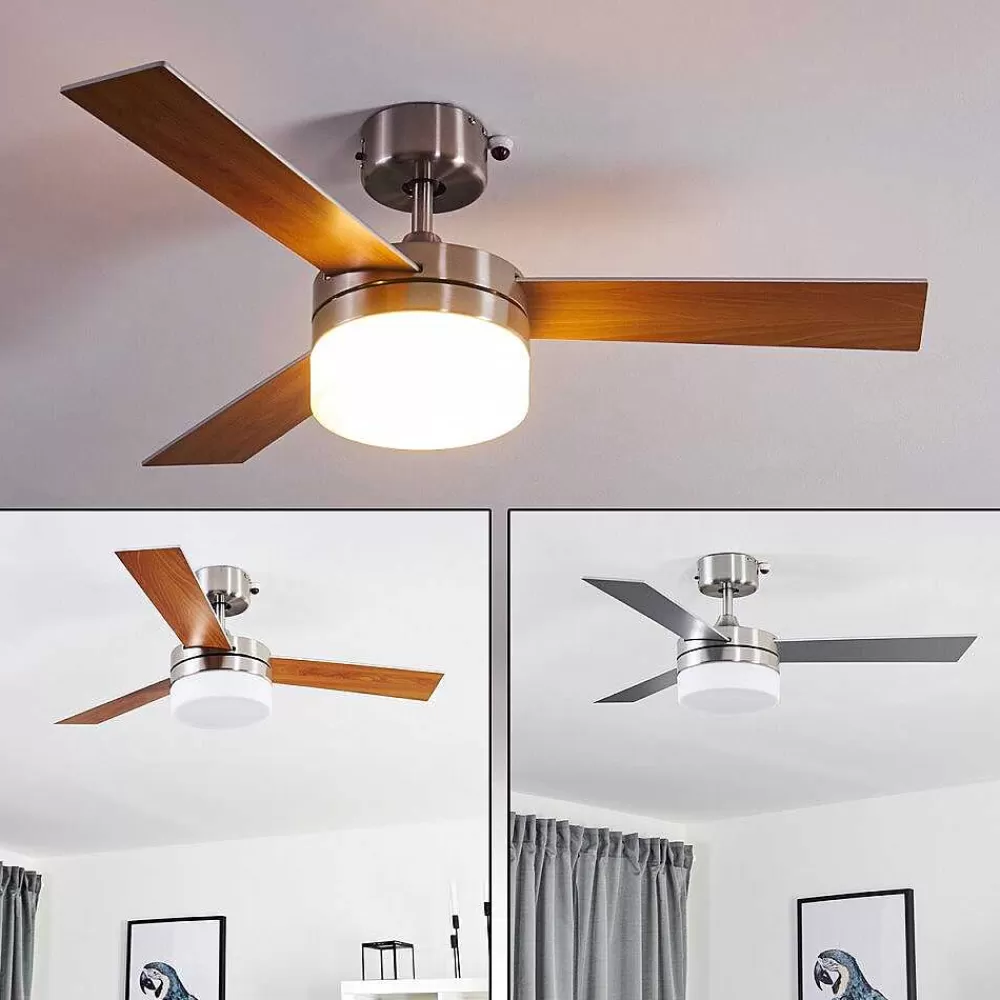 hofstein Ventilateur De Plafond Vevey Bois Clair, Nickel Mat, Argente, 2 Lumieres, Telecommandes