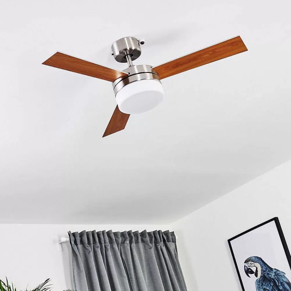 hofstein Ventilateur De Plafond Vevey Bois Clair, Nickel Mat, Argente, 2 Lumieres, Telecommandes