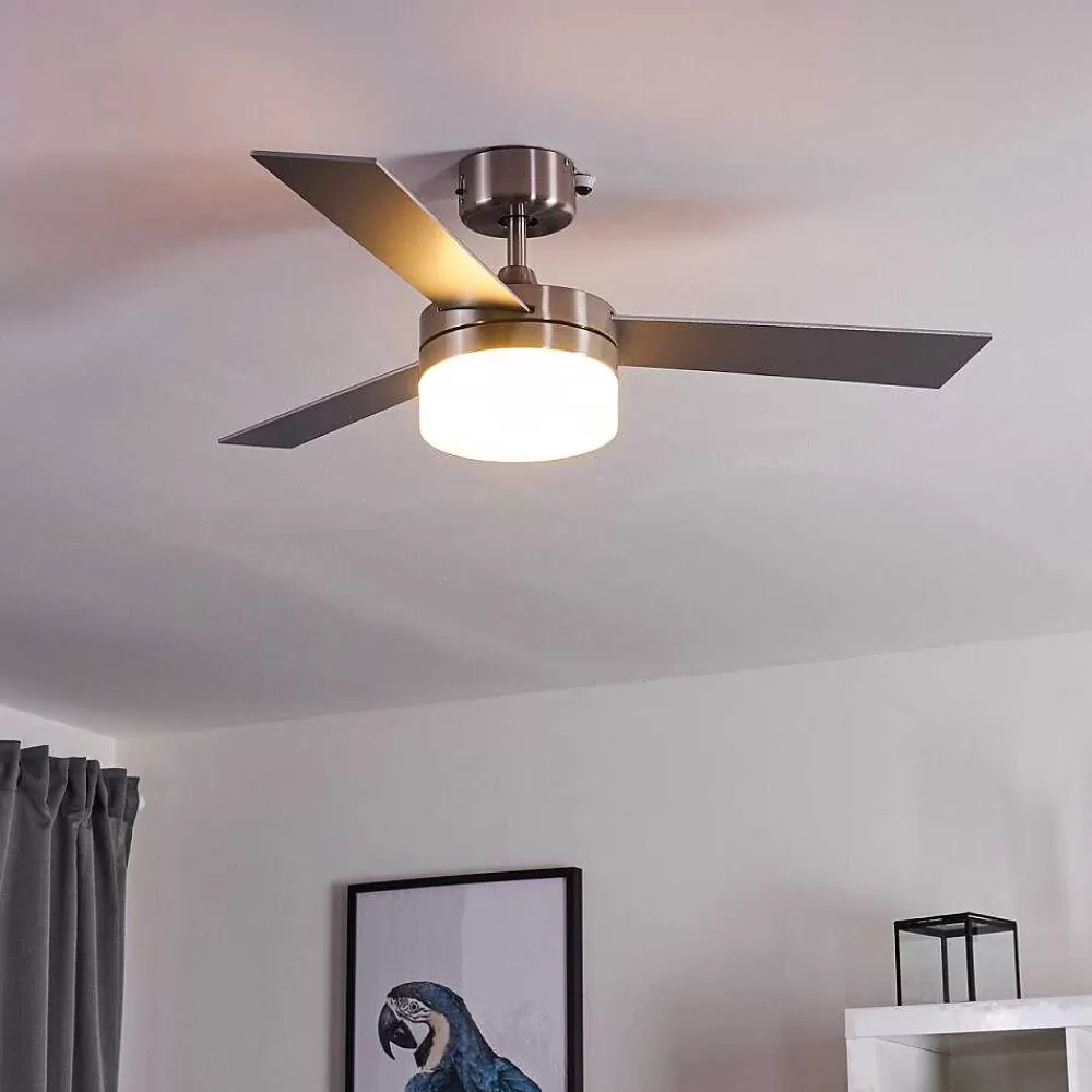 hofstein Ventilateur De Plafond Vevey Bois Clair, Nickel Mat, Argente, 2 Lumieres, Telecommandes