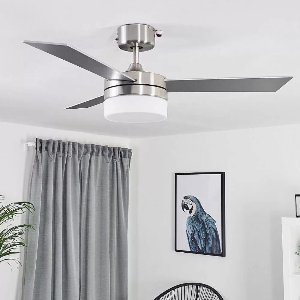 hofstein Ventilateur De Plafond Vevey Bois Clair, Nickel Mat, Argente, 2 Lumieres, Telecommandes