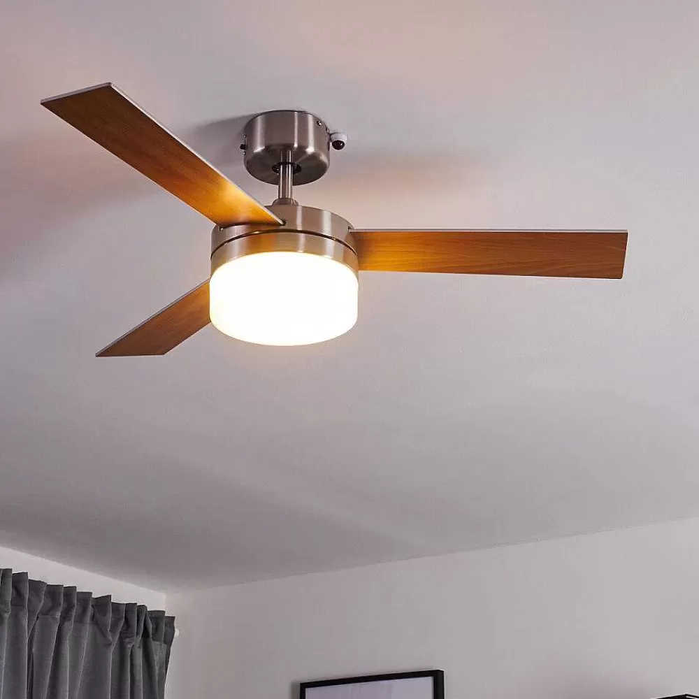 hofstein Ventilateur De Plafond Vevey Bois Clair, Nickel Mat, Argente, 2 Lumieres, Telecommandes