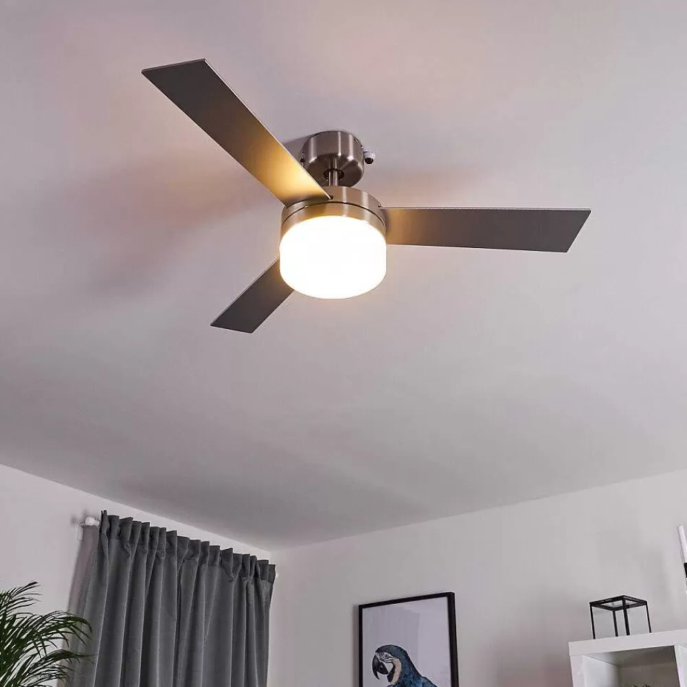 hofstein Ventilateur De Plafond Vevey Bois Clair, Nickel Mat, Argente, 2 Lumieres, Telecommandes