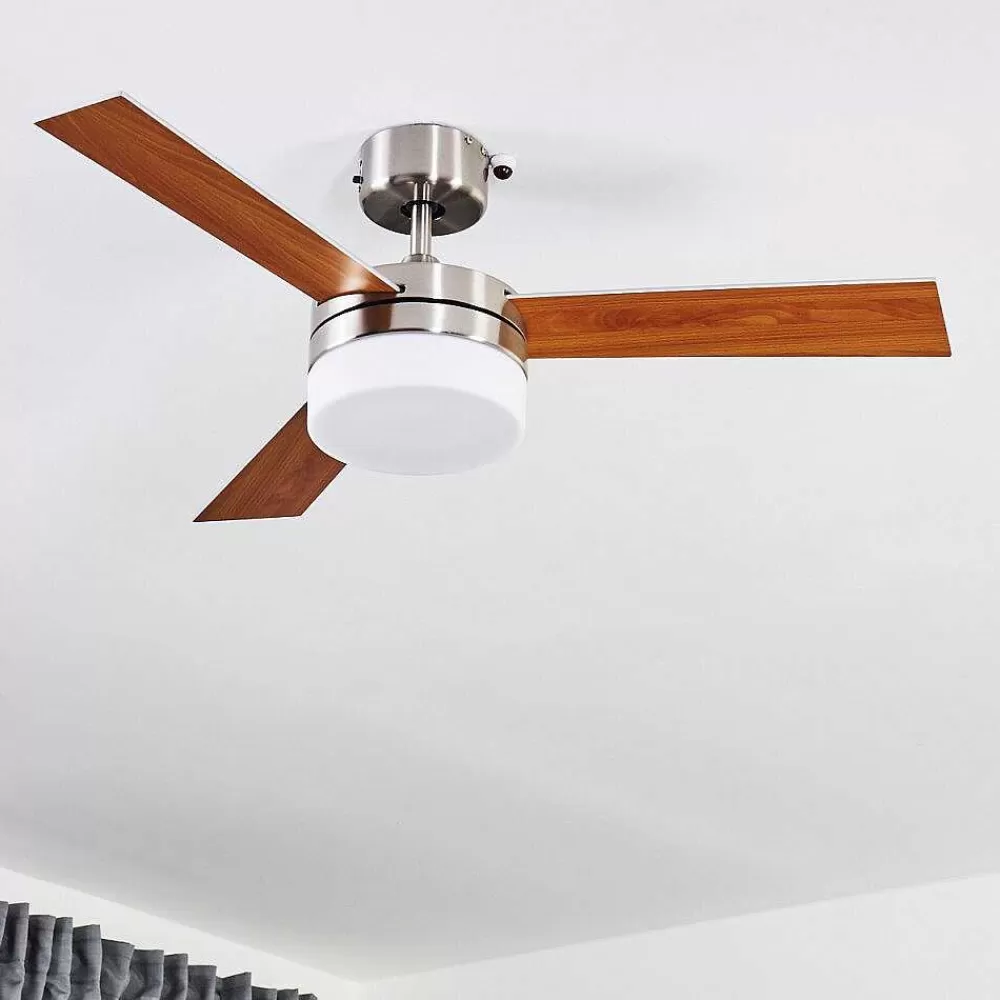 hofstein Ventilateur De Plafond Vevey Bois Clair, Nickel Mat, Argente, 2 Lumieres, Telecommandes