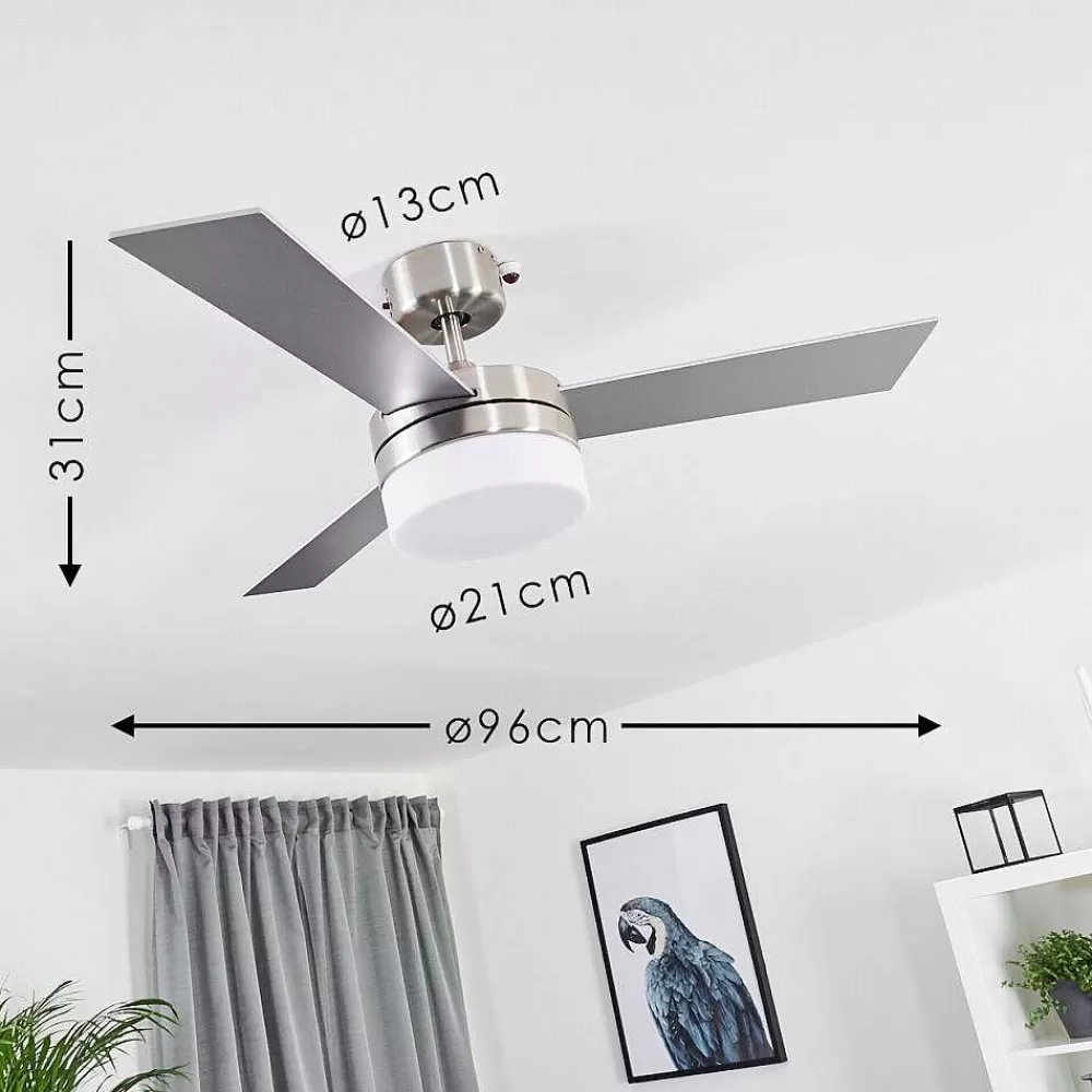 hofstein Ventilateur De Plafond Vevey Bois Clair, Nickel Mat, Argente, 2 Lumieres, Telecommandes