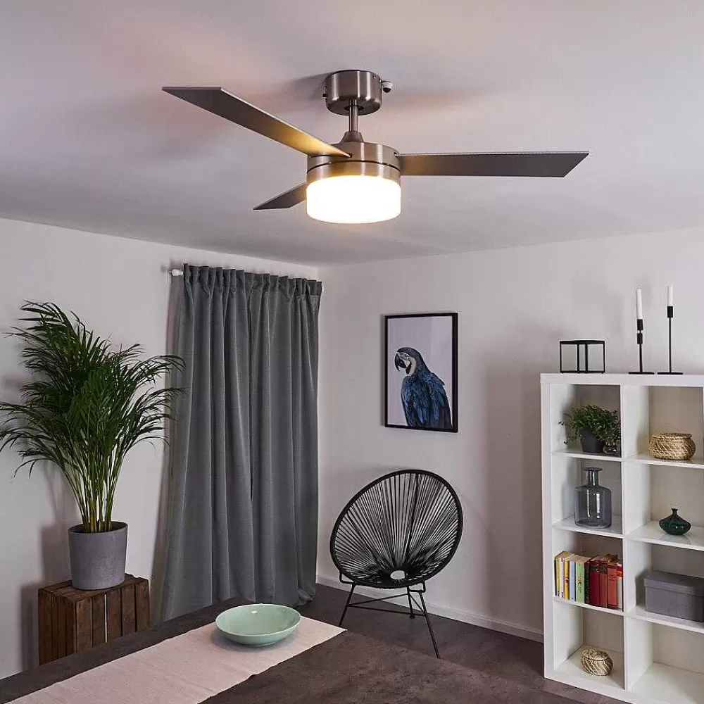 hofstein Ventilateur De Plafond Vevey Bois Clair, Nickel Mat, Argente, 2 Lumieres, Telecommandes