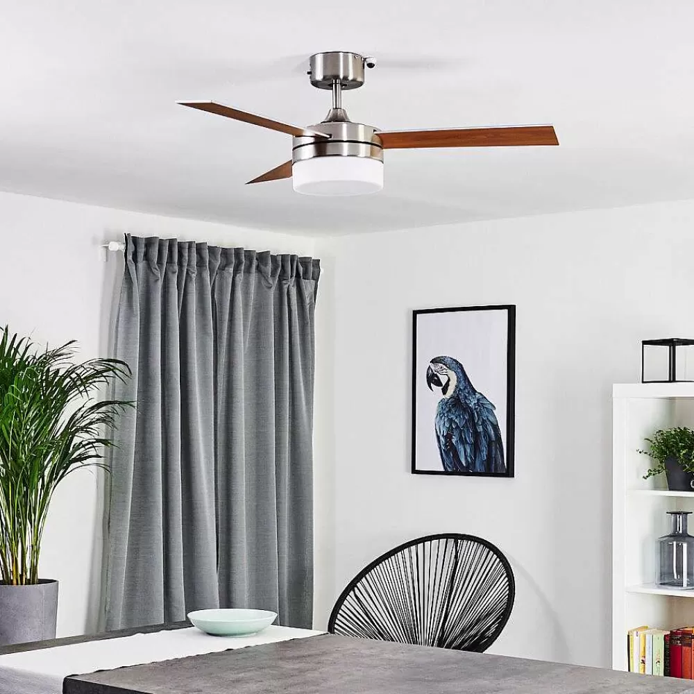hofstein Ventilateur De Plafond Vevey Bois Clair, Nickel Mat, Argente, 2 Lumieres, Telecommandes