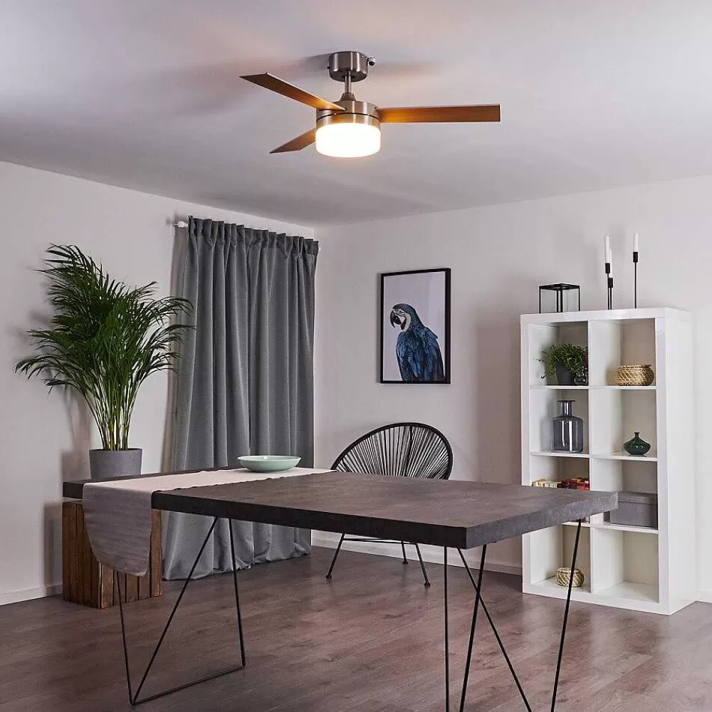 hofstein Ventilateur De Plafond Vevey Bois Clair, Nickel Mat, Argente, 2 Lumieres, Telecommandes