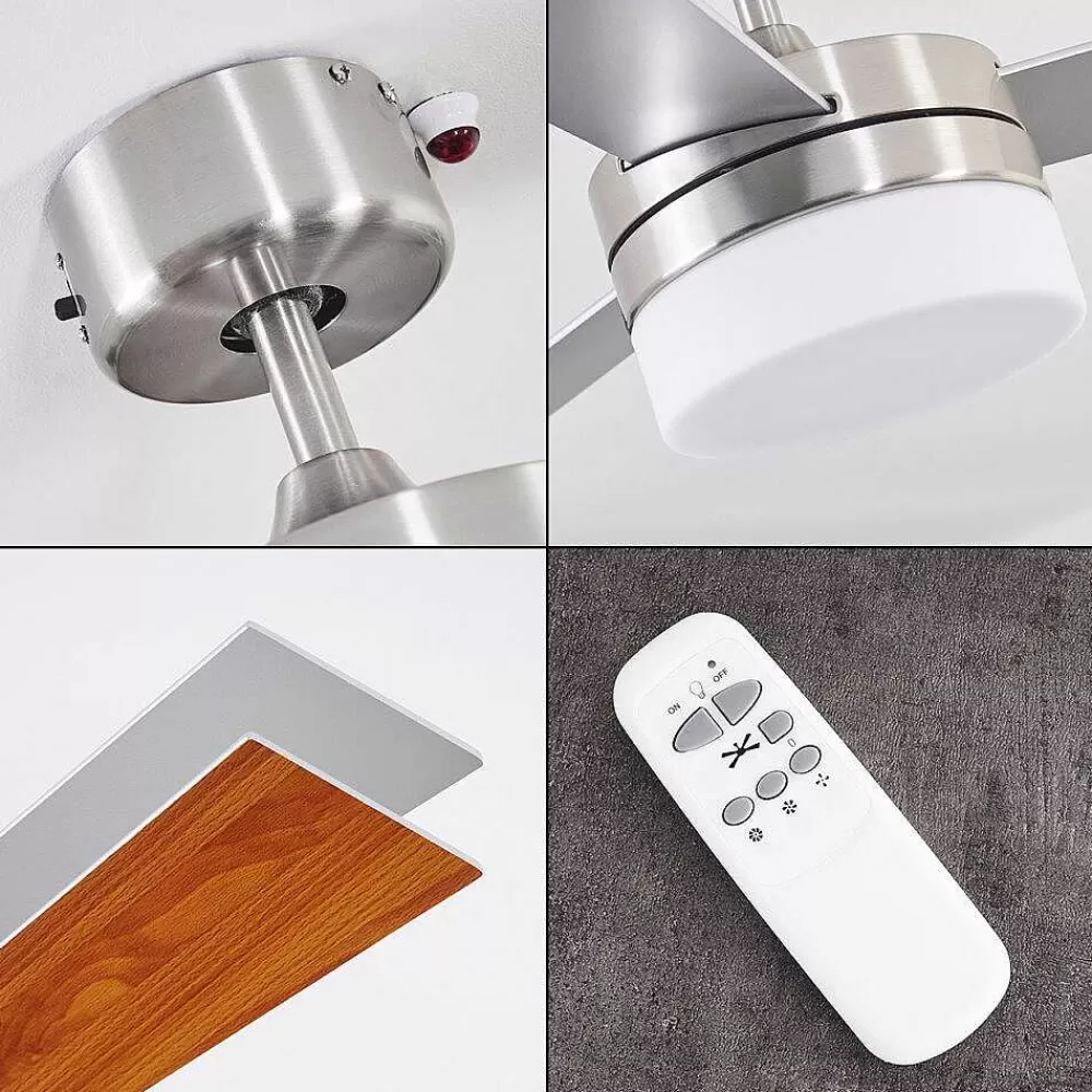 hofstein Ventilateur De Plafond Vevey Bois Clair, Nickel Mat, Argente, 2 Lumieres, Telecommandes