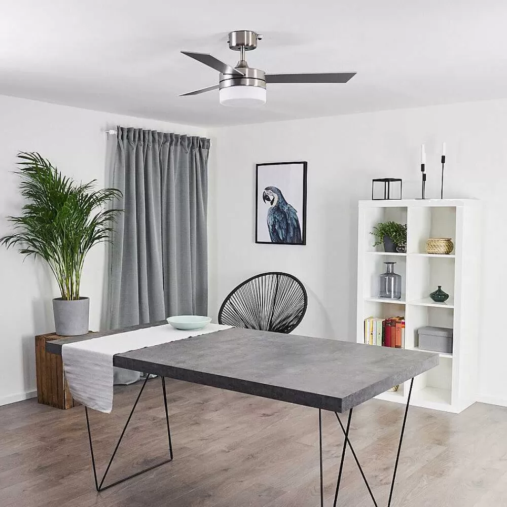 hofstein Ventilateur De Plafond Vevey Bois Clair, Nickel Mat, Argente, 2 Lumieres, Telecommandes