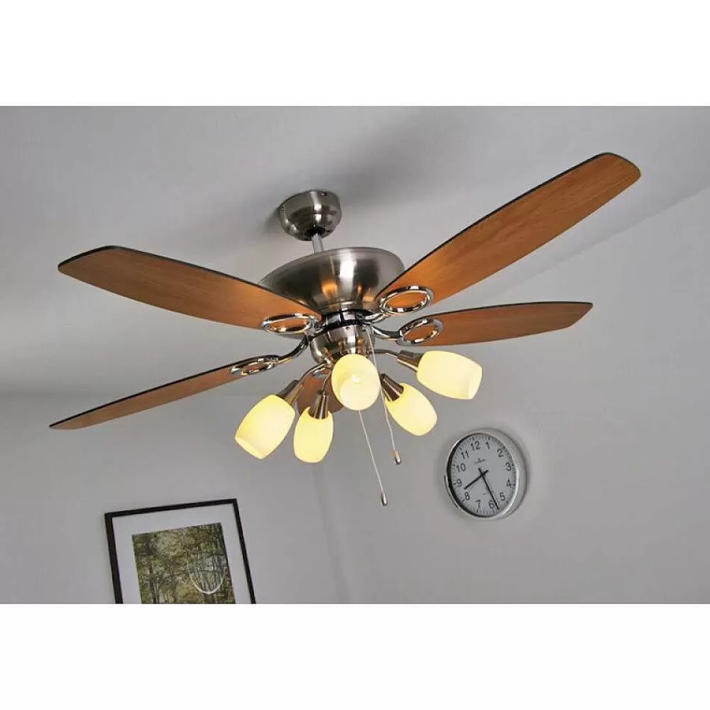 Luminaires Globo Lighting Ventilateur Globo Jerry Chrome, Acier Inoxydable, Nickel Mat, 5 Lumieres