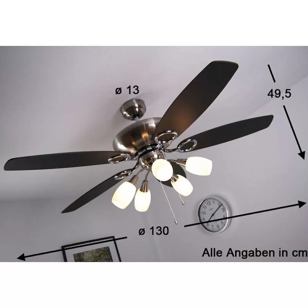 Luminaires Globo Lighting Ventilateur Globo Jerry Chrome, Acier Inoxydable, Nickel Mat, 5 Lumieres
