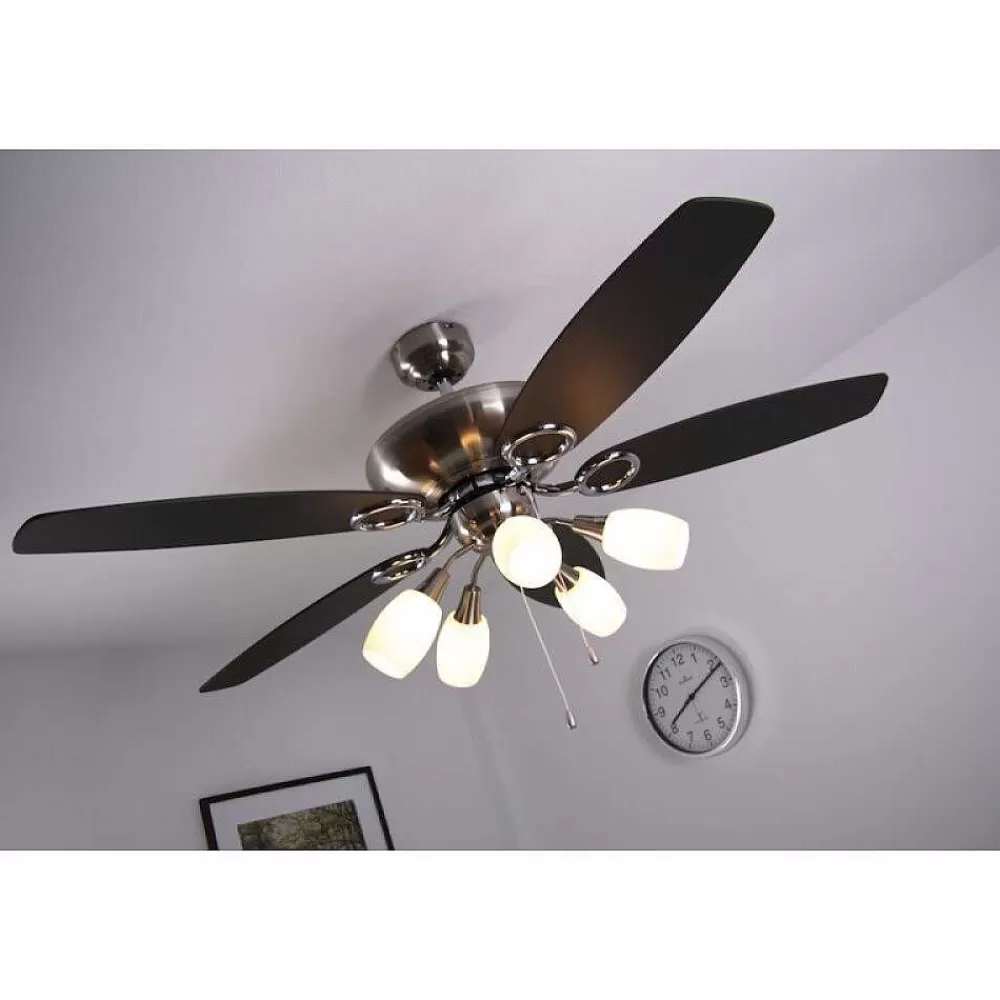 Luminaires Globo Lighting Ventilateur Globo Jerry Chrome, Acier Inoxydable, Nickel Mat, 5 Lumieres
