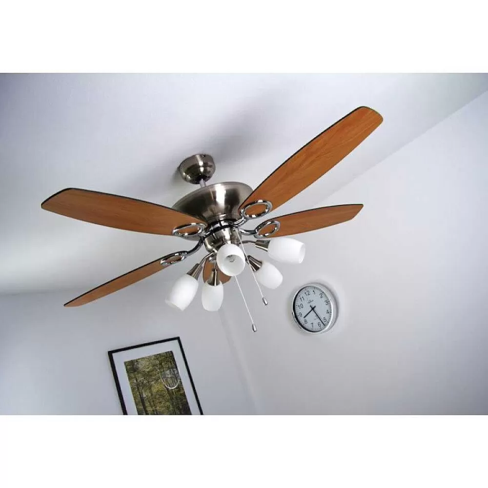 Luminaires Globo Lighting Ventilateur Globo Jerry Chrome, Acier Inoxydable, Nickel Mat, 5 Lumieres