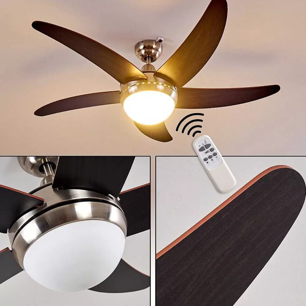 hofstein Ventilateurs De Plafond Morino Brun, Nickel Mat, 2 Lumieres, Telecommandes