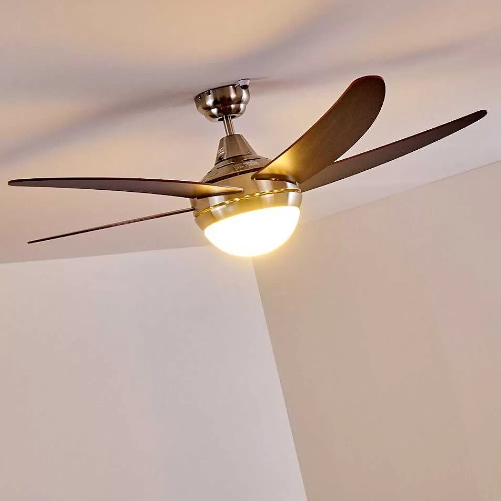 hofstein Ventilateurs De Plafond Morino Brun, Nickel Mat, 2 Lumieres, Telecommandes